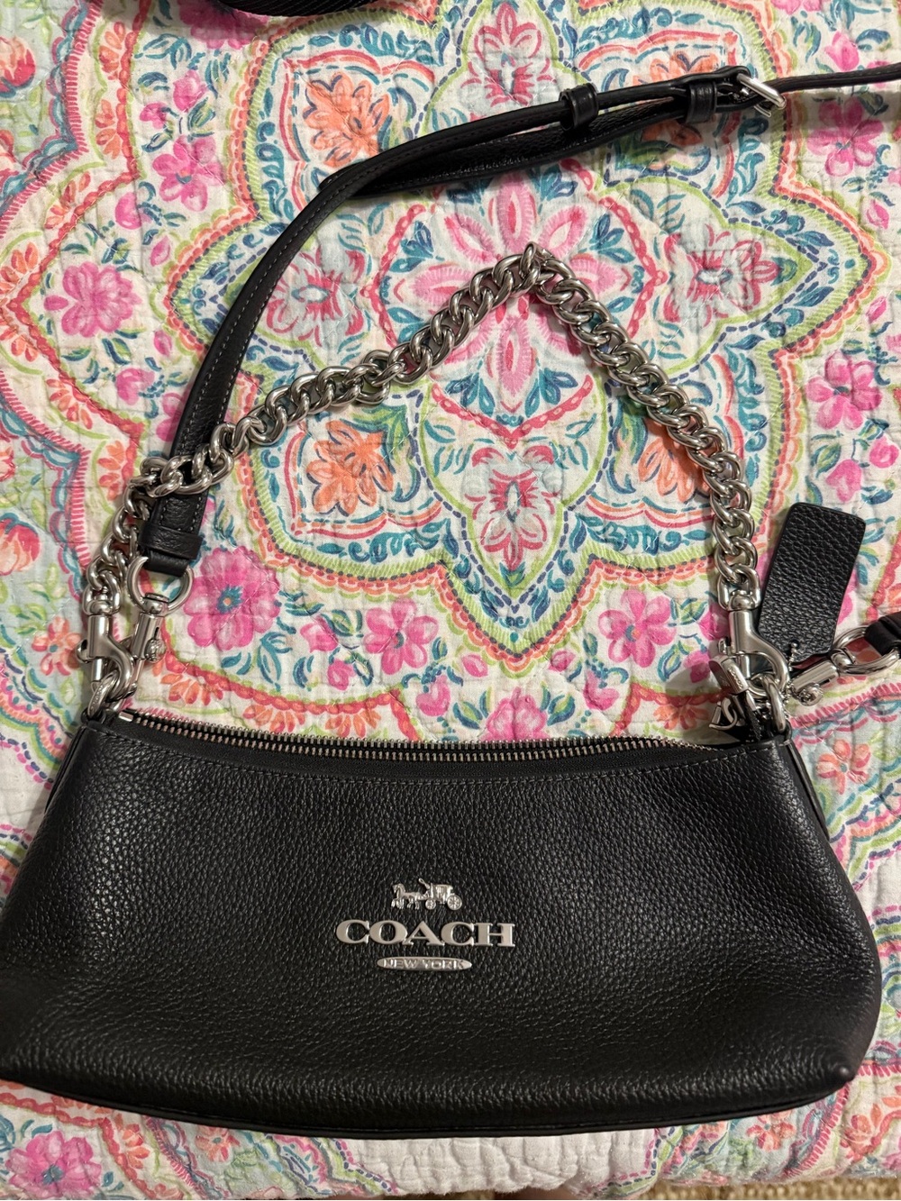 Coach Black Pebble Leather Mini Shoulder Bag with Silver Chain